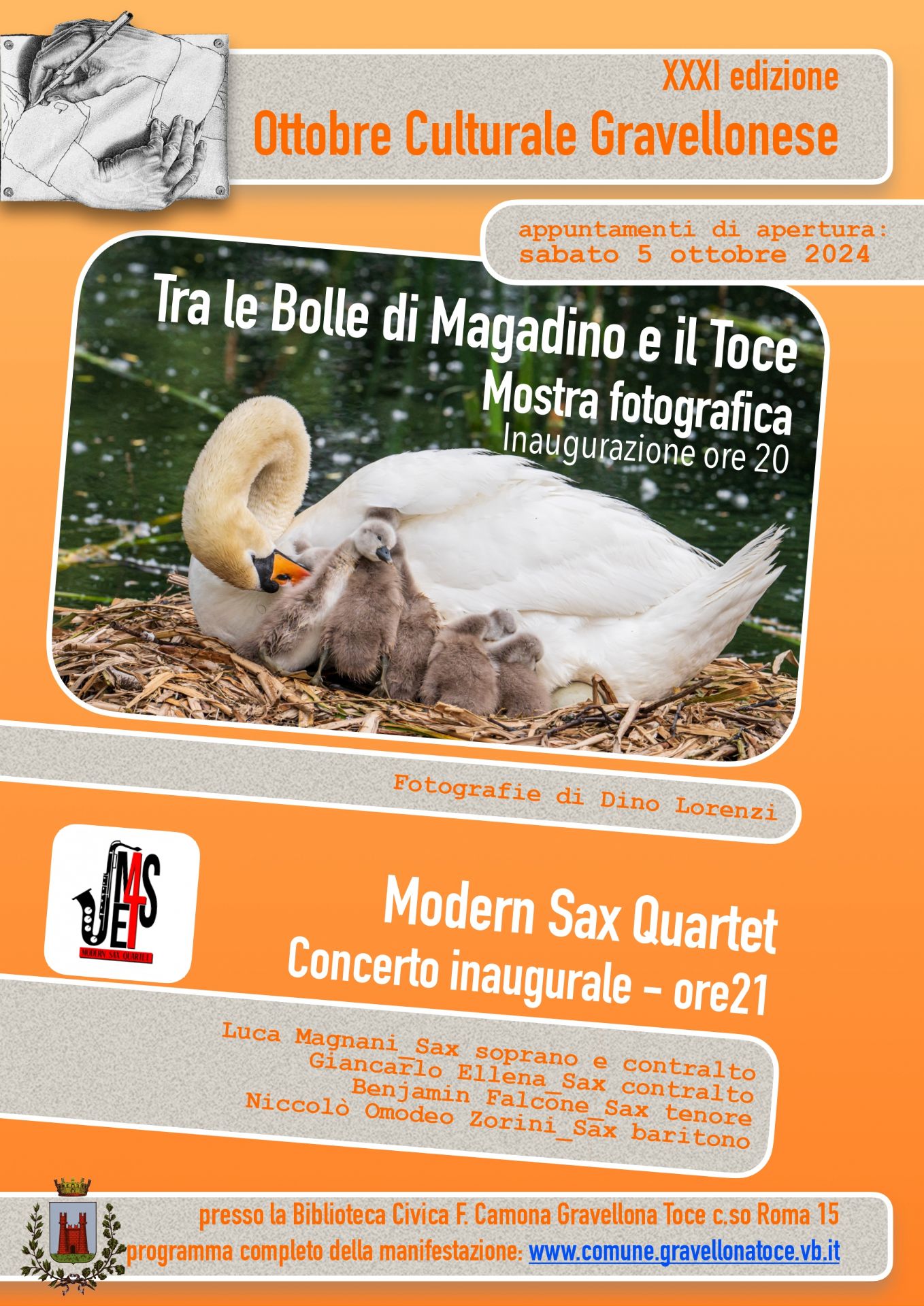 L'immagine riporta le seguenti informazioni: trentunesima edizione dell'Ottobre Culturale Gravellonese, inaugurazione sabato 5 ottobre 2024 con la mostra fotografica intitolata "Tra le bolle di Magadino e il Toce". Fotografia di cigno con piccoli