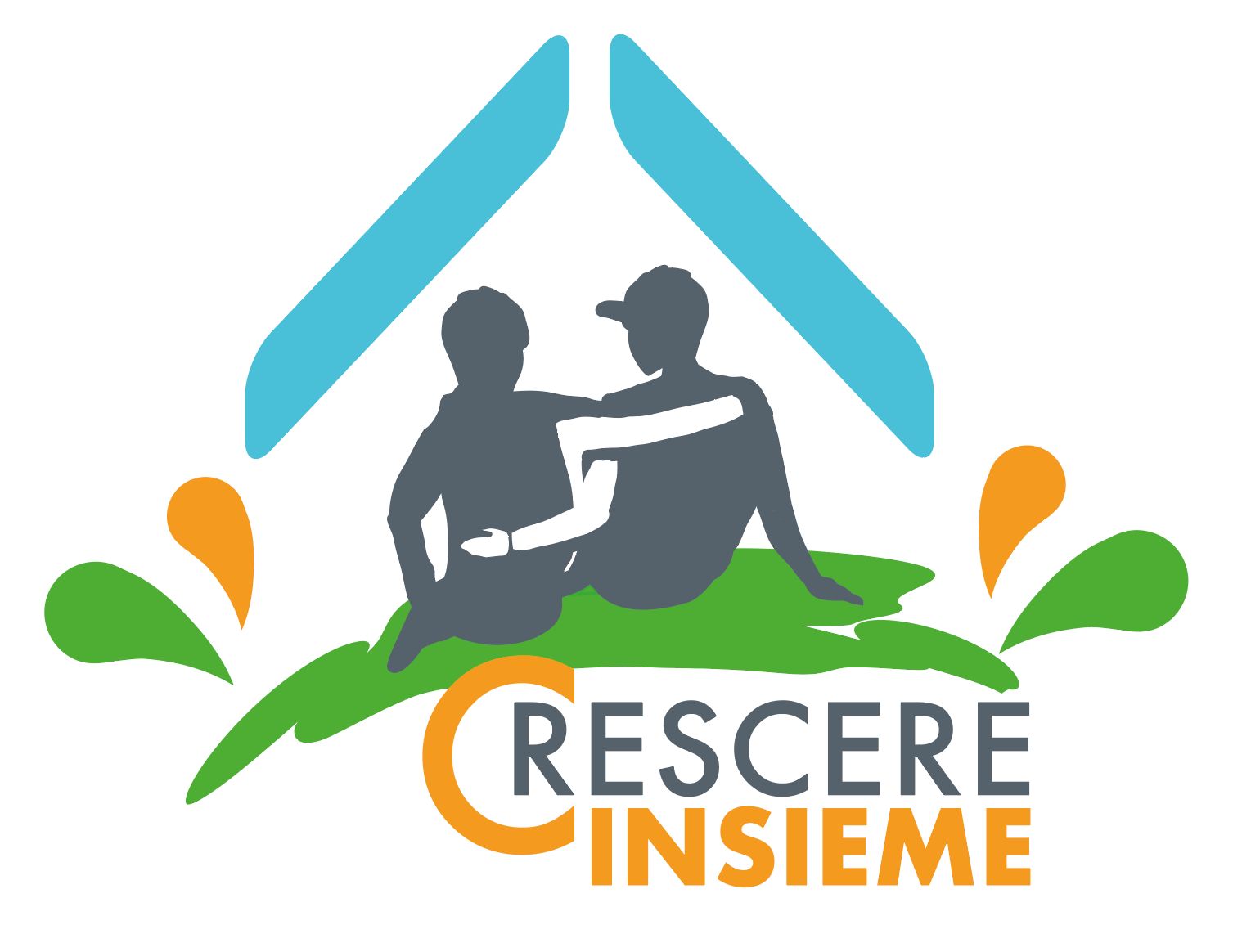 Disegno di un prato nel quale due persone sedute si abbracciano sulla scritta Crescere insieme