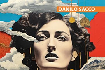 Volto di donna con sfondo di nuvole, disegno immaginario con la scritta Danilo  Sacco