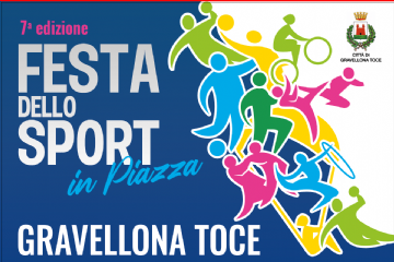 Scritta Festa dello Sport Gravellona Toce colore blu e serie di omini stilizzati colorati che praticano diversi sport