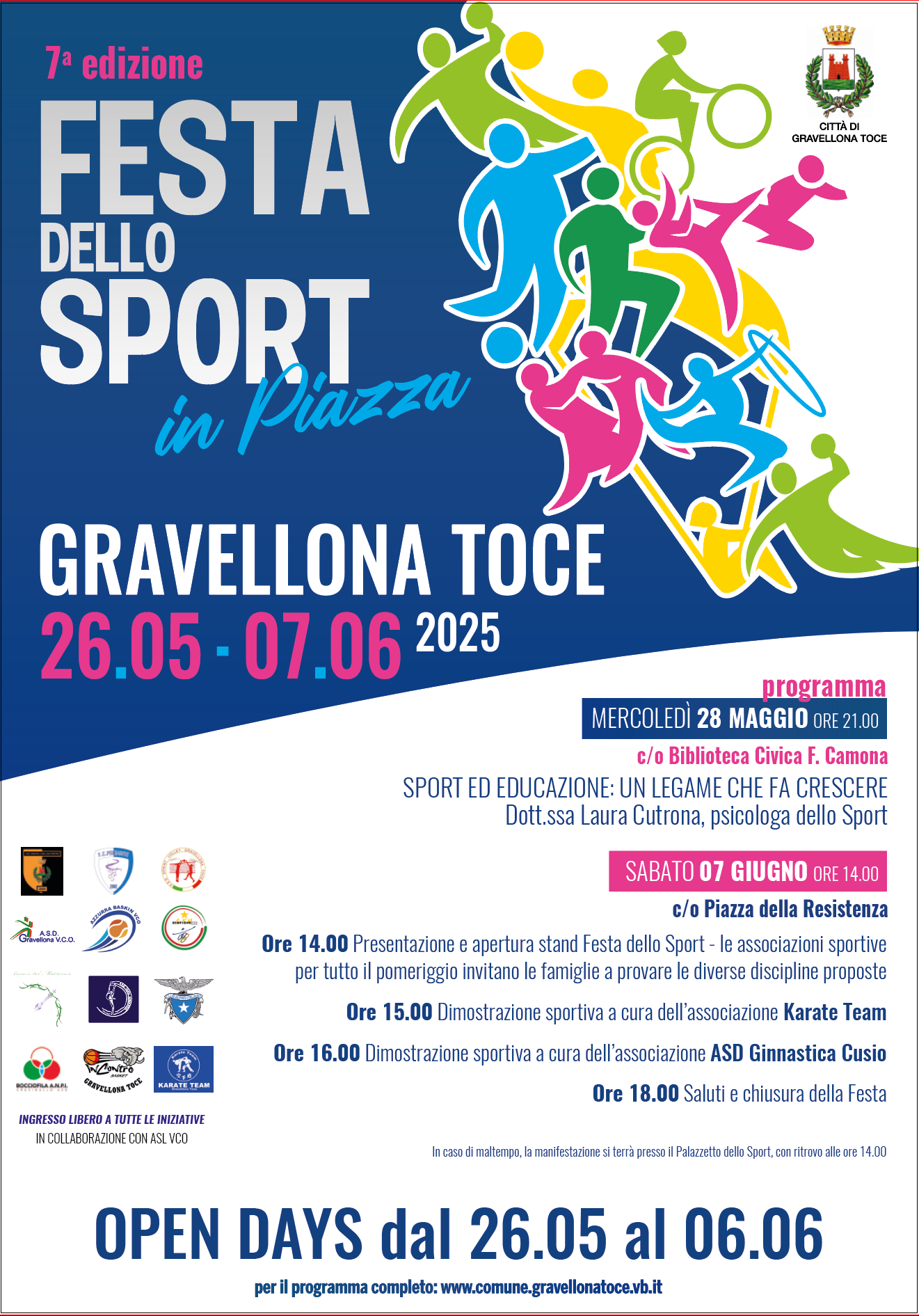 Scritta Festa dello Sport Gravellona Toce colore blu e serie di omini stilizzati colorati che praticano diversi sport
