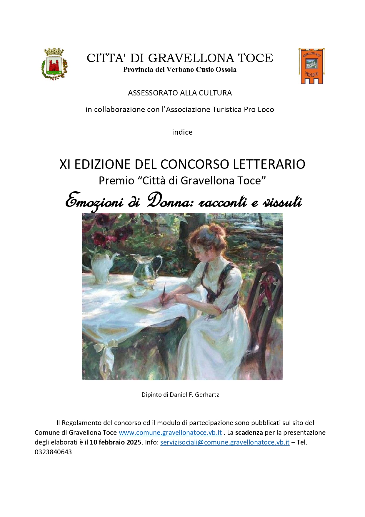 Locandina con Quadro con donna che scrive su un foglio Autore  Daniel F. Gerhartz e informazioni per la partecipazione al concorso letterario