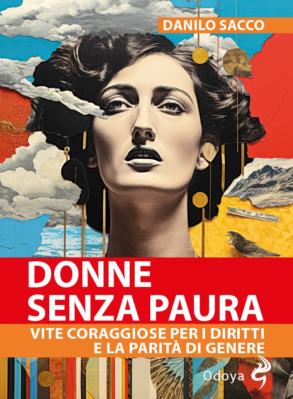 Volto di donna con sfondo di nuvole, disegno immaginario con la scritta Danilo  Sacco